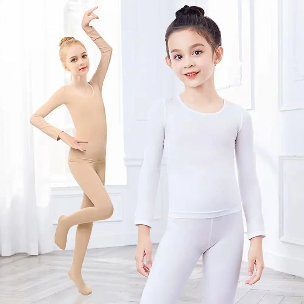 Fashion Spring Autumn Thermal Underwear Suits Elastic Fleece Ballet Underwear Set Long Nude Color Dance Tights Girls