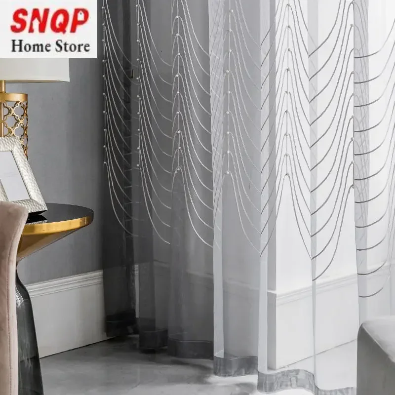 

Modern Minimalist Gray White Tulle Curtains for Living Room Bedroom Luxury Embroidery Sheer Transmission European Elegant Custom