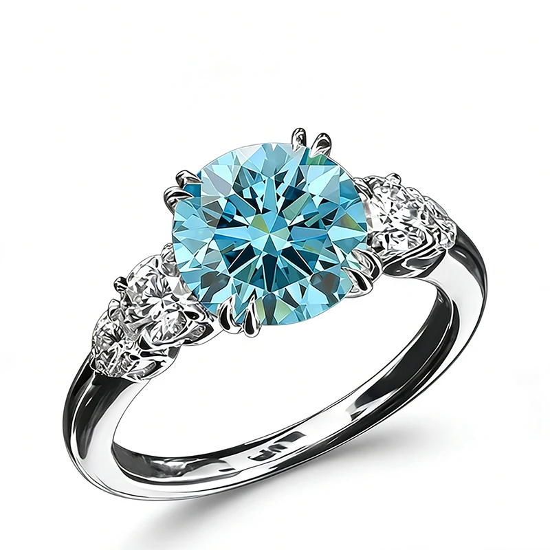 Fancy Intense Blue Diamond Ring 3CT Main Stone IGI Lab Grown Round Diamond VS-VVS Diamond Ring For Lady In Platinum 950