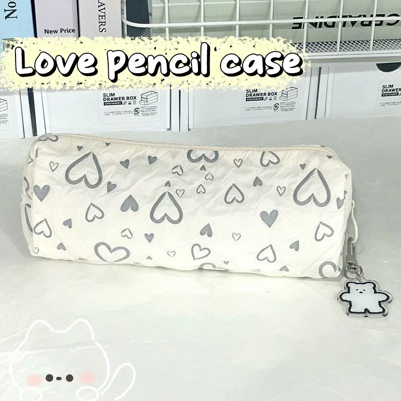 Kawaii Beige Love Pencil Box Lovely Large Capacity Pencil Case Cosmetic Bag Student Stationery Storage Pouch for Girl Gifts