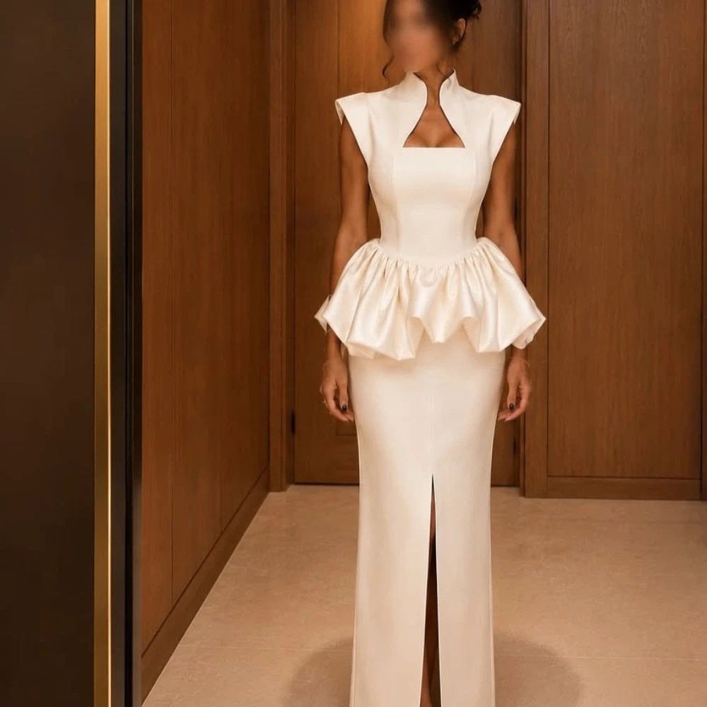Customized Elegant Ivory Satin Mermaid Evening Gown Featuring Unique Stand Collar With Chest Keyhole Cutout, Short Cap Sleeves