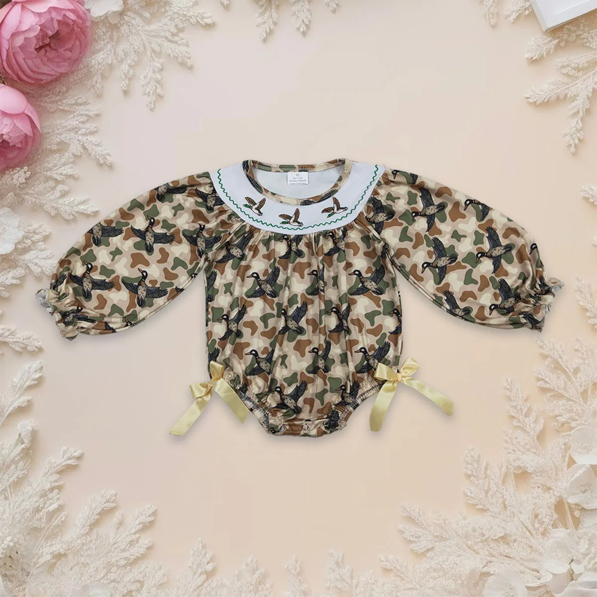 

Newborn Smocked Bubble Baby Girl Embroidery Ducks Romper Southern Camo Hunting Ruffle Bodysuit Kids Toddler Clothes Wholesale
