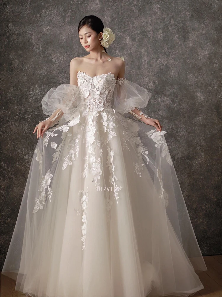 Robes de mariée de luxe pour femmes, manches bouffantes détachables, laçage, plis appliqués, robe de bal personnalisée