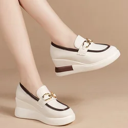 Chunky Loafers Women Genuine PU Leather Platform Shoes Round Toe Metal Chain Slip on Ladies Light Flats Handmade Sneakers 2024