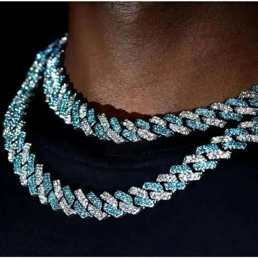 

Mens Cuban Chain Rapper Jewelry Iced Out 925 Silver Blue White Color 14mm Moissanite Diamond Cuban Necklace