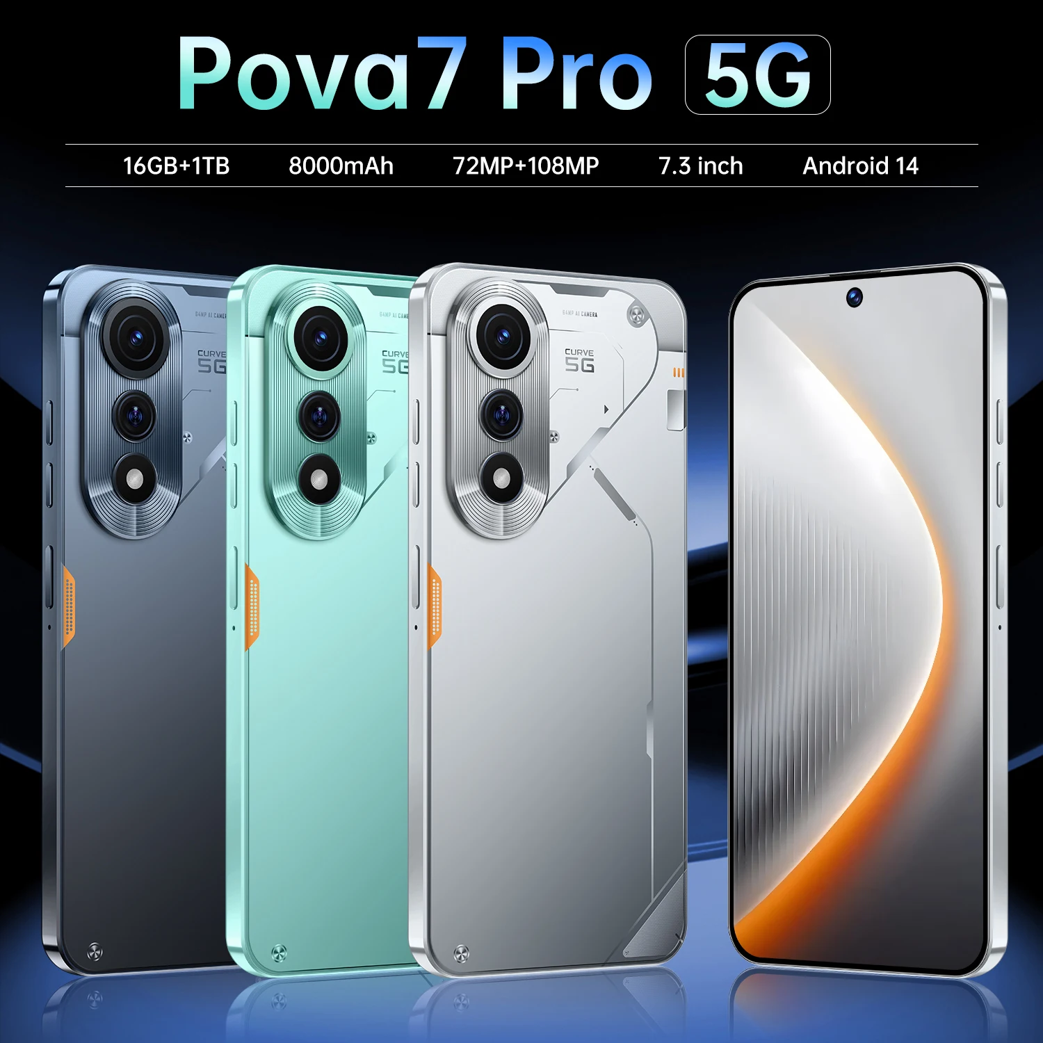 JCTKJ POVA 7 Pro Global Edition Smart 5G Dual Card 7800Mah Android 14 Função de reconhecimento facial