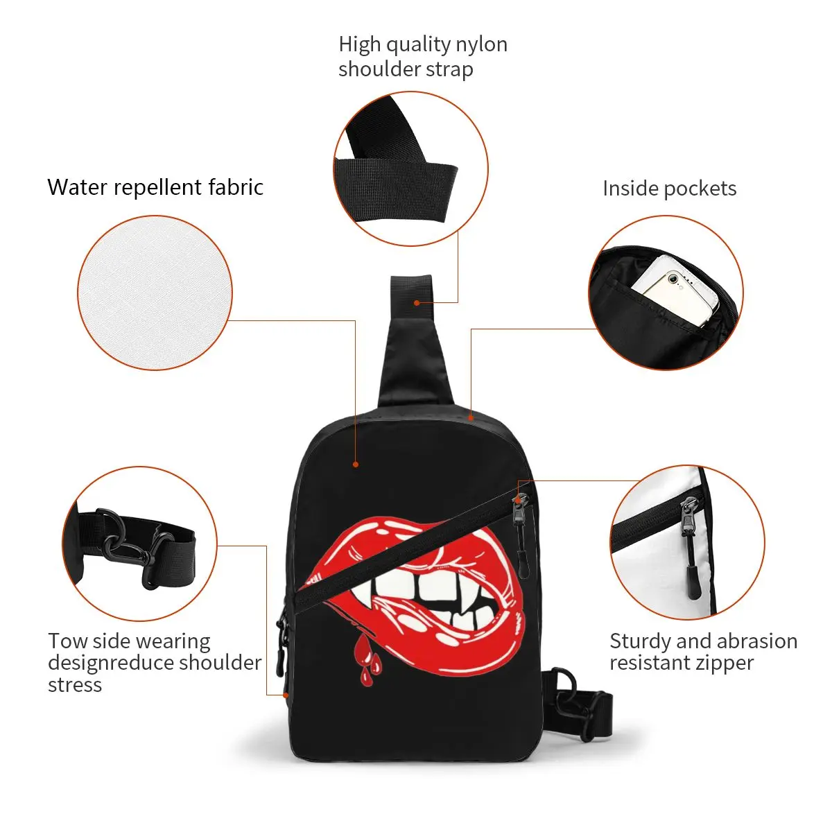 Custom Vampire Kiss Sling Bags Men Fashion Shoulder Chest Crossbody Backpack Traveling Daypack