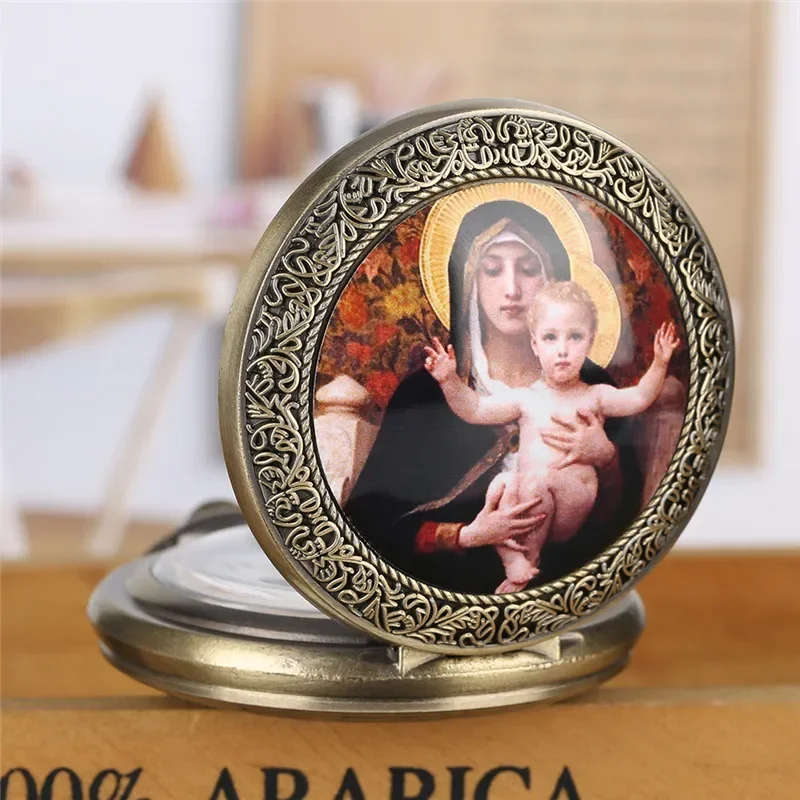 Silver/Bronze Virgin Mary Jesus Theme Quartz Pocket Watch Vintage Necklace Chain Clock for Men Women Pendant Watches Gifts