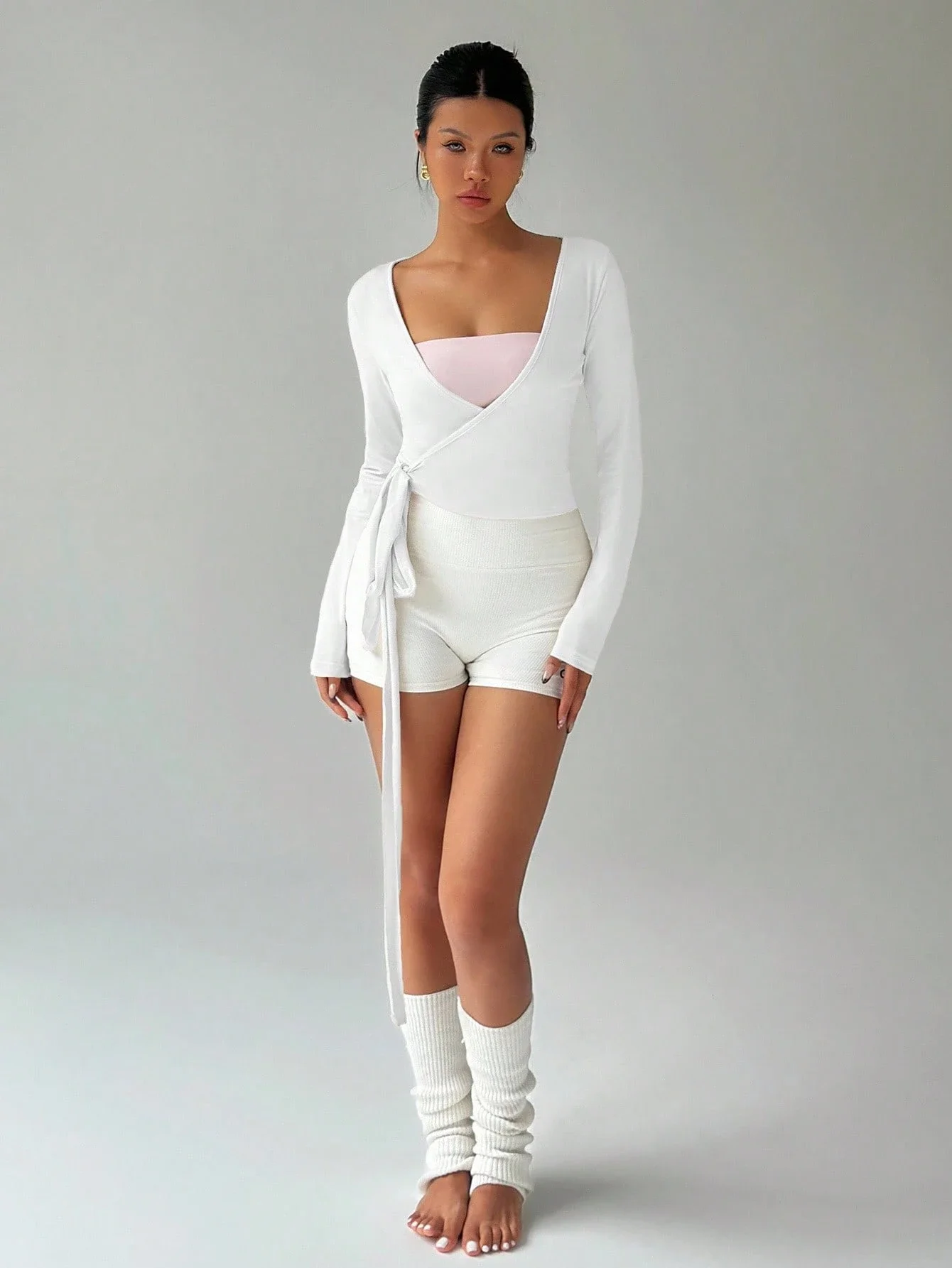 

Soft High Elasticity Wrap V-Neck Long Sleeve Crop Top For Women Casual Sporty Fashion