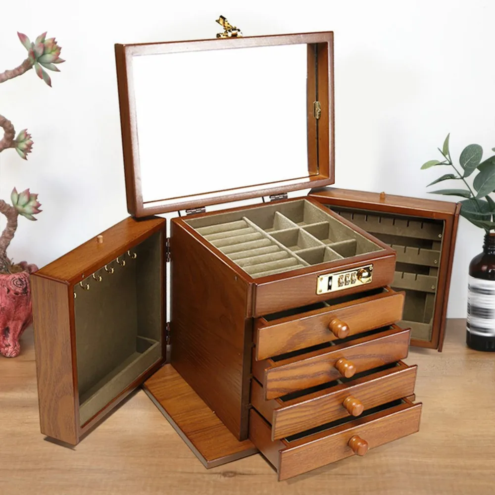 

5 Tiers Vintage Large Jewelry Organizer Wooden Storage Box Case With 4 Drawers