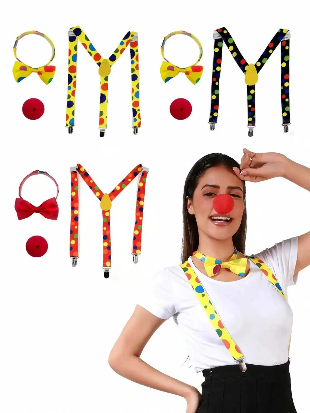3Pcs Clown Outfit Kit, Colorful Dot Suspenders + Bowtie + Red Foam Nose, Carnival Birthday Party Dress Up Accessories for Men Wo
