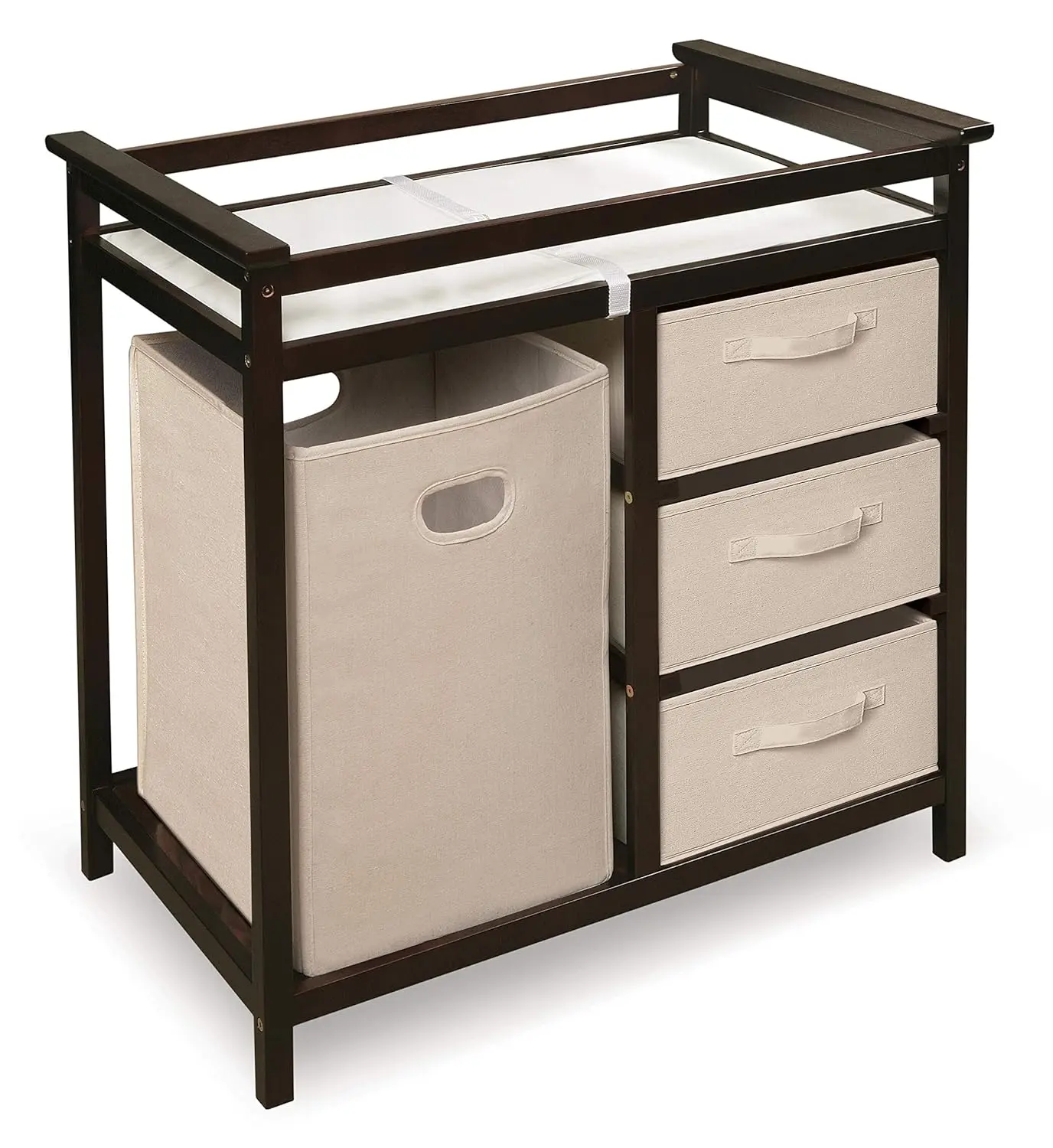 

Modern Baby Changing Table with Storage Drawers, Hamper, and Safety Belt - Espresso & Ecru Design
