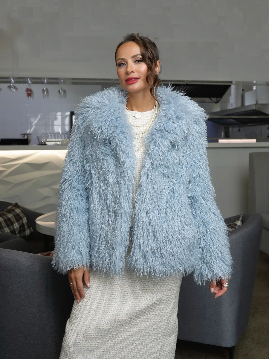 LIMO Women Curly Faux Fur Short Coat Lapel Collar Open Front Loose Long Sleeve Furry Outerwear