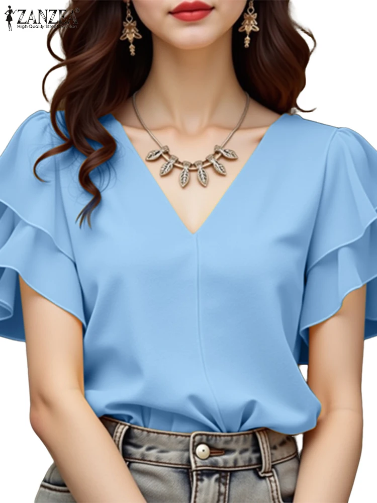 2025 ファッション夏のチュニックブラウスザンゼア女性 V ネックショートフリルスリーブトップス固体 Blusas エレガントなオフィスワークシャツオーバーサイズ