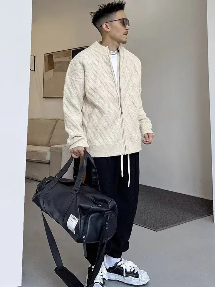 

Men Cardigan Pure Color Argyle Baggy Leisure Handsome Temperament All-match Fashion Comfortable Autumn Classic Japanese Style