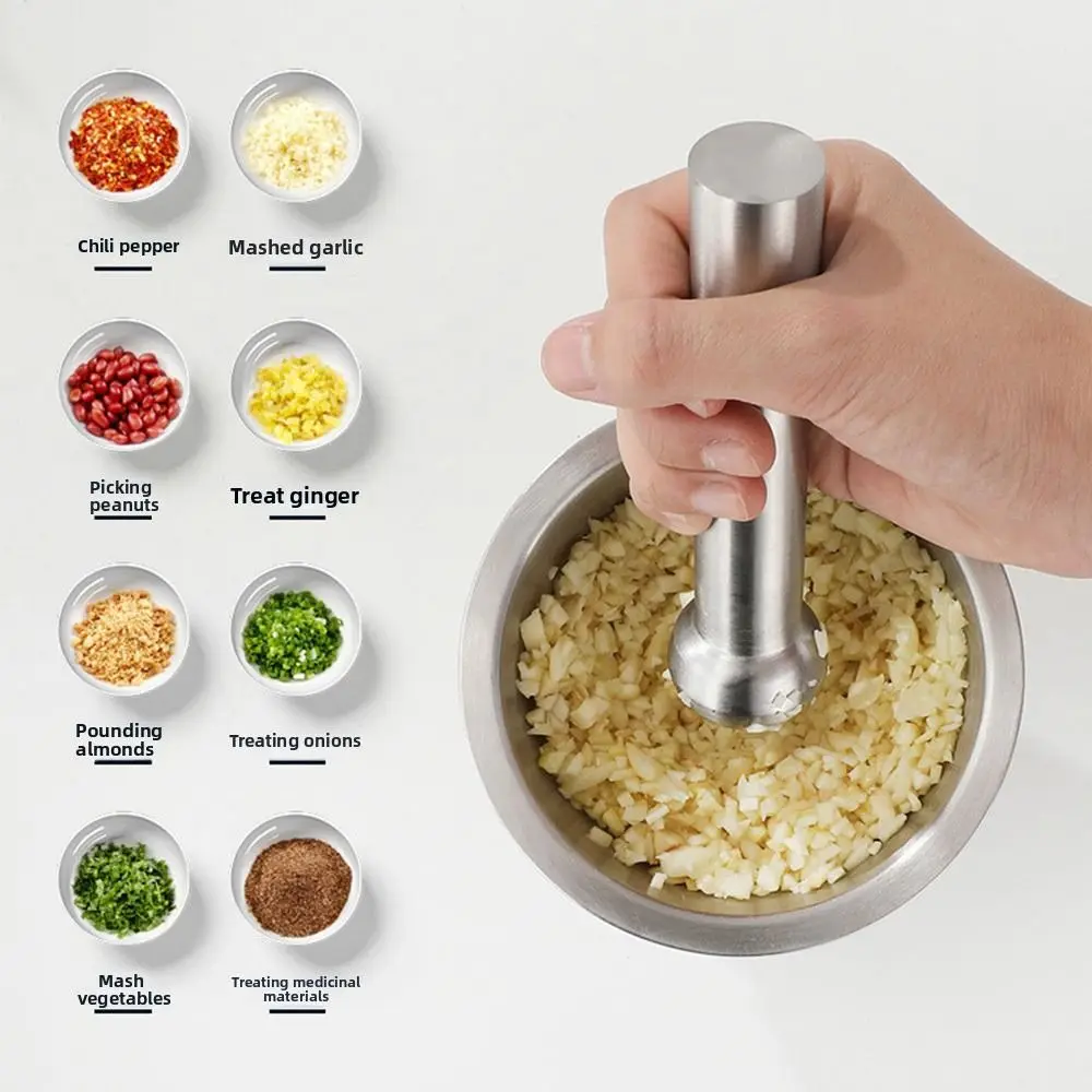 

Давилка для чеснока из нержавеющей стали 304 с крышкой, дизайн под давлением, шлифовальная чаша, кастрюля для домашнего использования, ручная давилка, кухонный инструмент