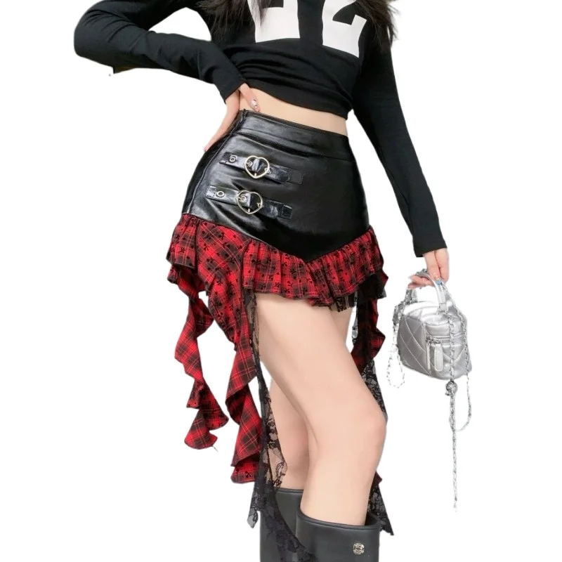 

Dark Romantic Punk Plaid Plaid Skirt Streamer Skirt Design Sweet Cool Lace Stitching Irregular Babes Autumn and Winter Dresses