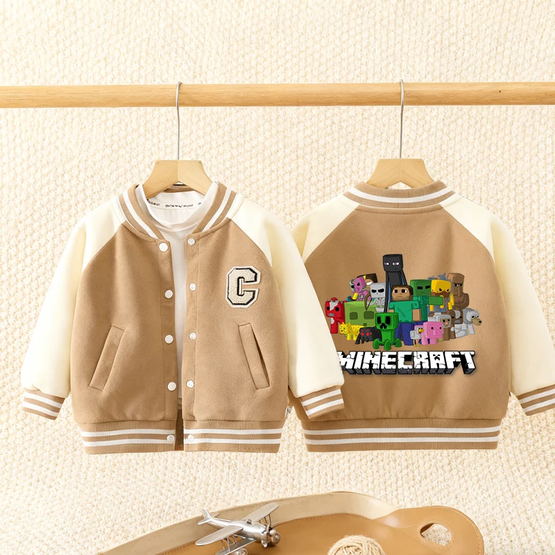 

Pixel Game Theme Children Jackets Minecrafted Baseball Coats Embroidered Letters Cardigan Spring Autumn Boys Outerwear Clothing