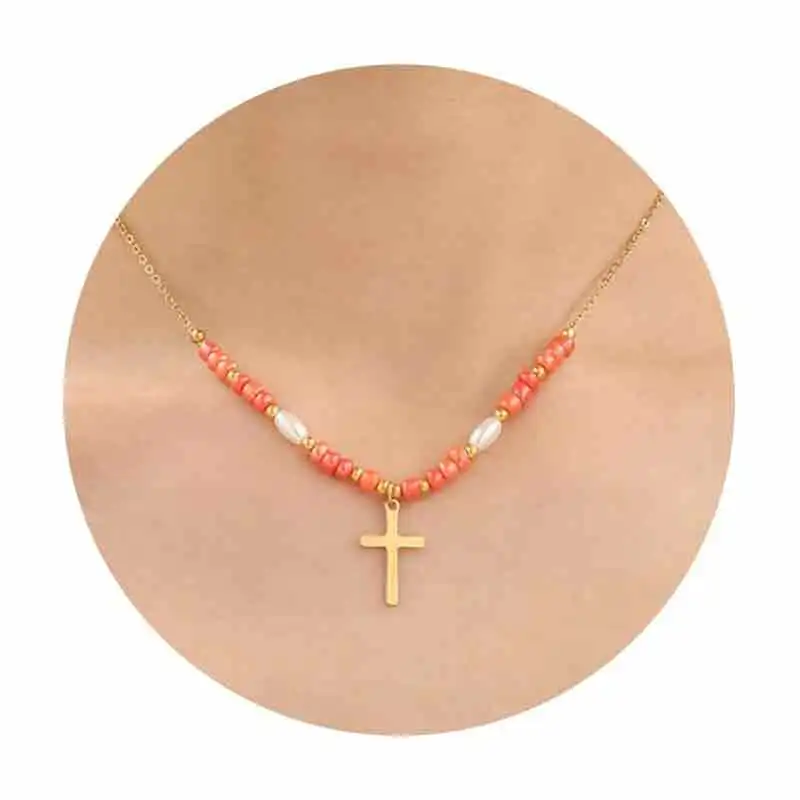 

LXB02 Multicolor Glass Beaded Corss Necklaces for Women Girls Dainty Gold Cross Necklaces for