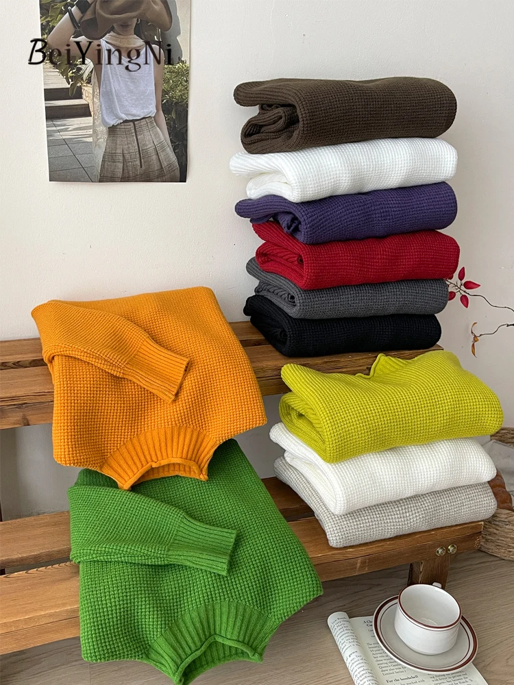 Beiyingni 2025 العصرية المرأة الوقوف طوق سترة الفرنسية أنيقة العقص كم طويل متماسكة القمم السيدات لون نقي بلوفر شتوي #3