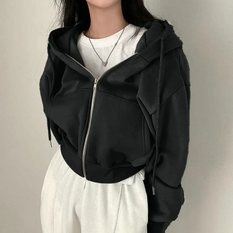 Women Hoodies 2024 Autumn Retro Solid Color Zip Up Oversized Sweatshirts Harajuku Korean Version Long Sleeve Hooded Jackets