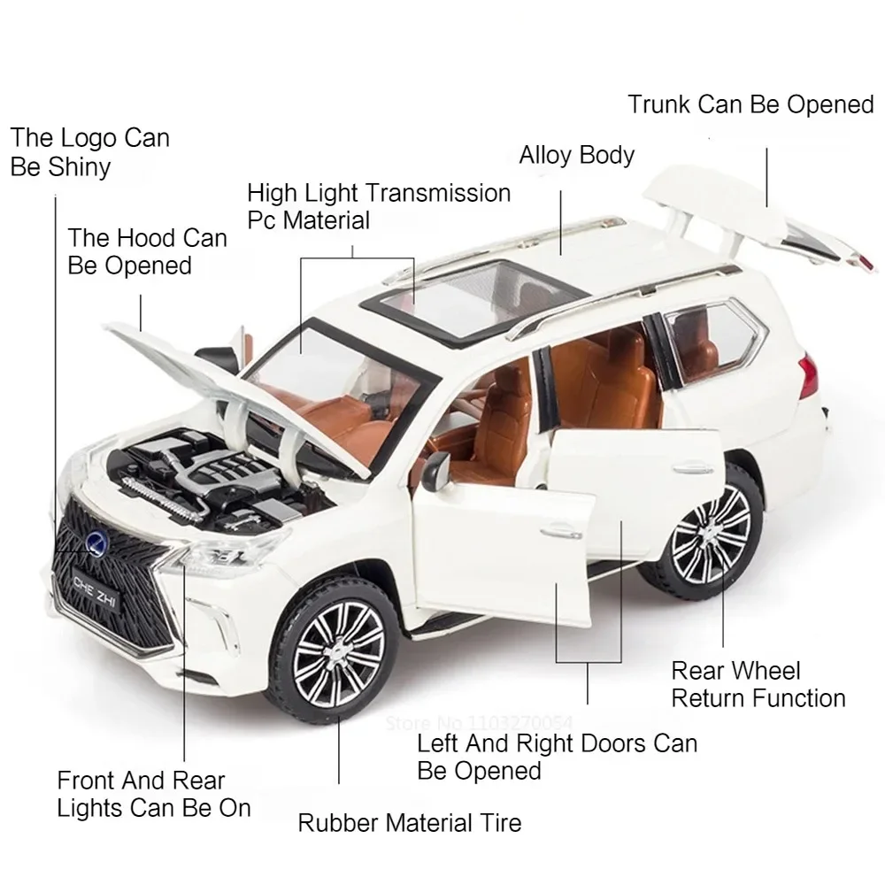 1:24 Legierung Escalade LX570 Modell Spielzeug Diecast Auto Sound Licht Zurückziehen Metall Körper Gummi Reifen Türen Geöffnet Fahrzeug kinder Spielzeug
