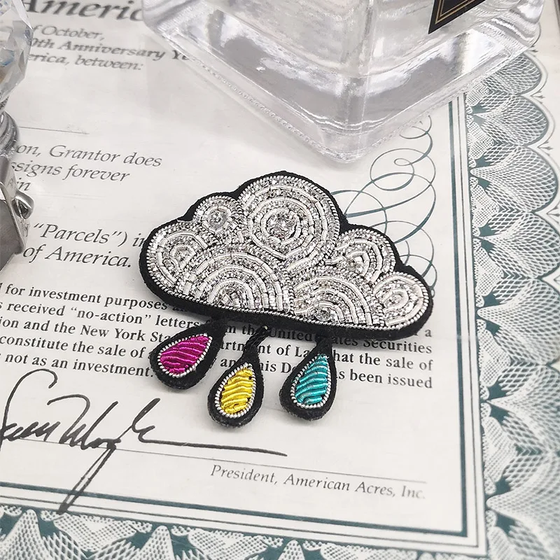 Fashion Badge Pin Cloud Rain Pattern Indian Silk Metallic Thread Cannetille Embroidery Bullion Wire Patch Brooch Jewelry Gift