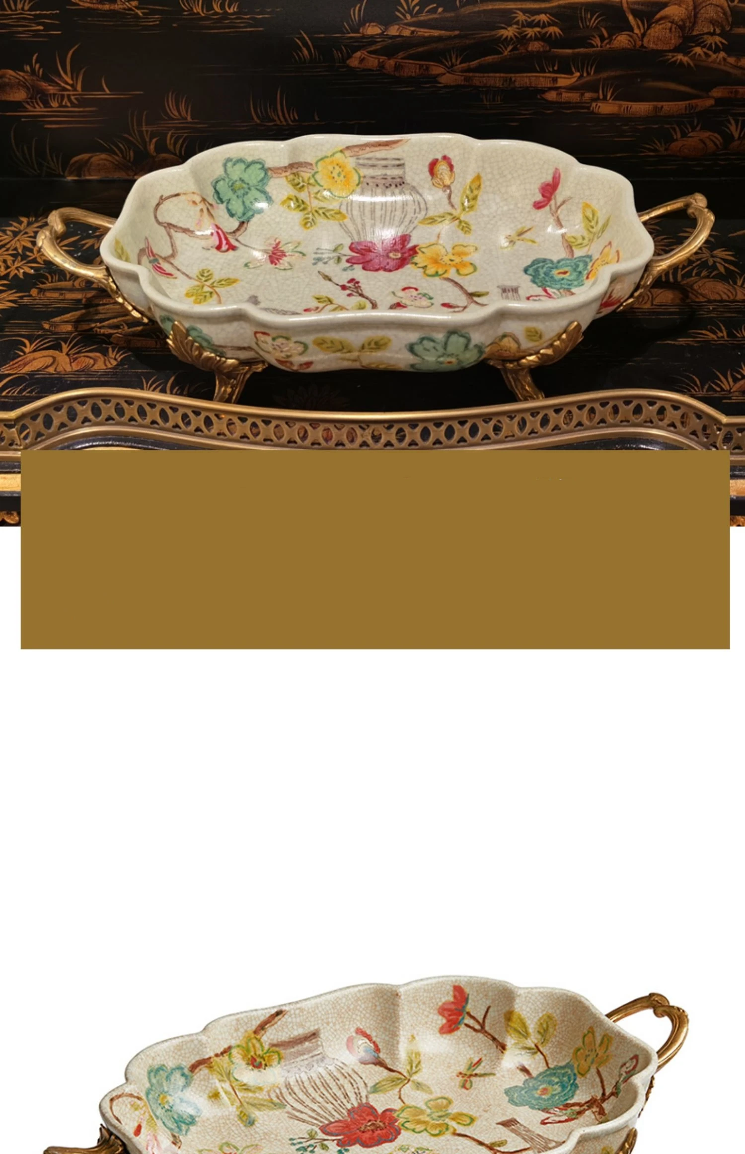 ديكور منزلي من السيراميك مستطيل من النحاس الذهبي، صينية فواكه مجففة، طبق زخرفي فاخر، مقبض معدني حديث