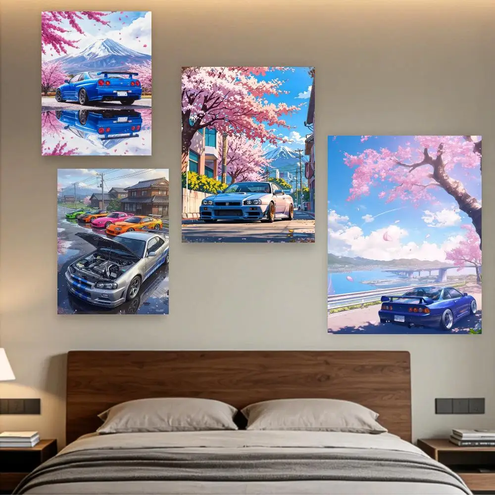 Anime Supercar Poster Japanese Wall Art Retro 90s Street Racing Car Canvas Painting Japan Sakura & Mount Fuji Landscape Print De