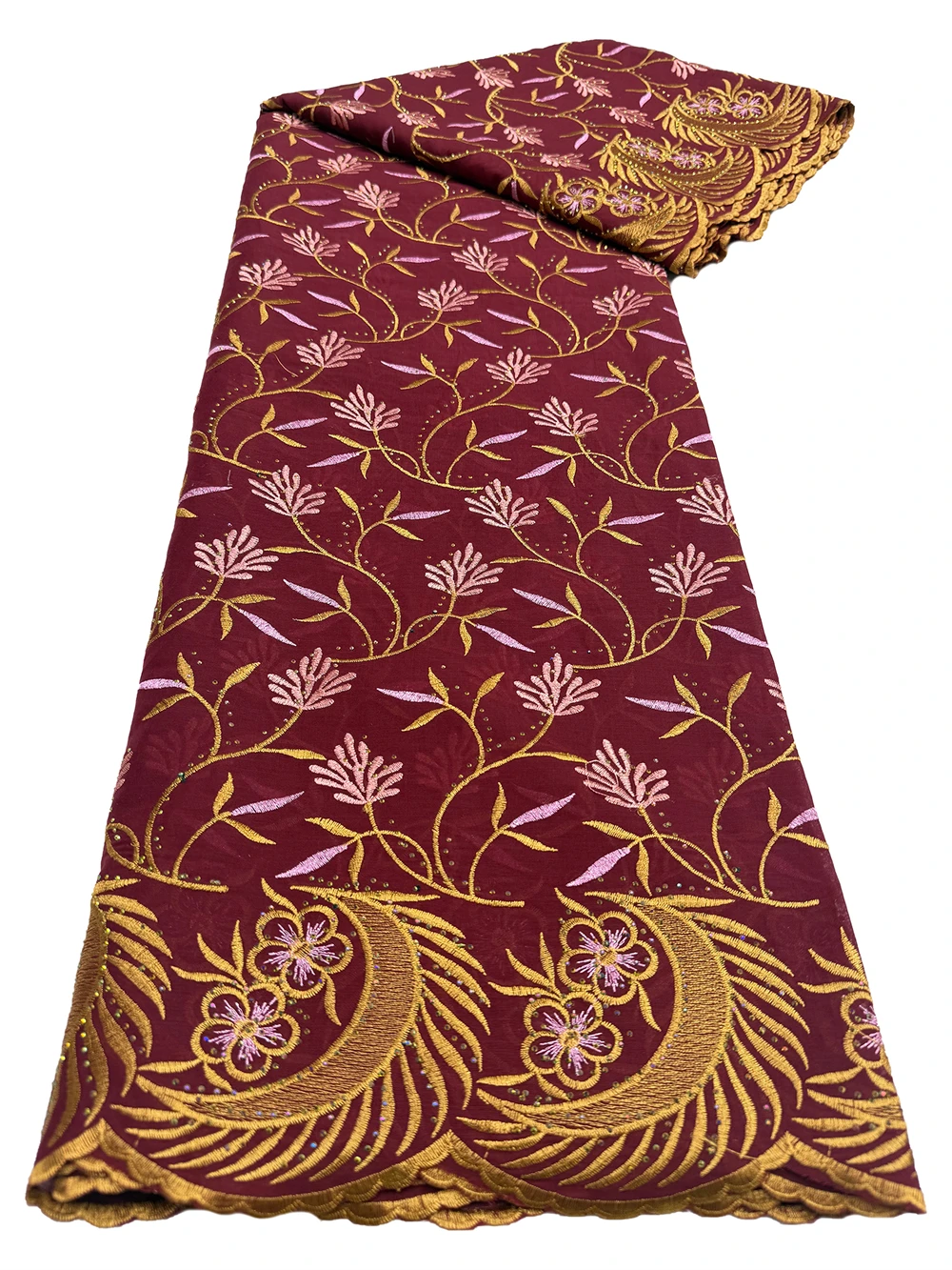 ナイジェリア産コットンレース生地、ストーン刺繍入り花柄スイスボイルレース、ブライダル、イブニングパーティードレス用