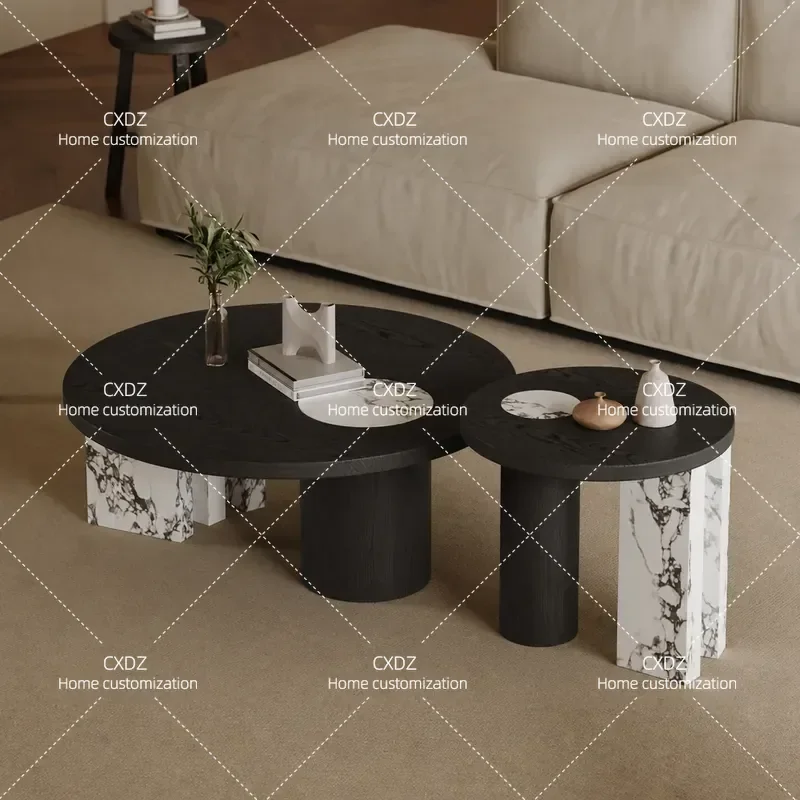 Italian Minimalist Round Coffee Table Set High Low Marble Side Tables for Living Room Small Apartment Home Furniture