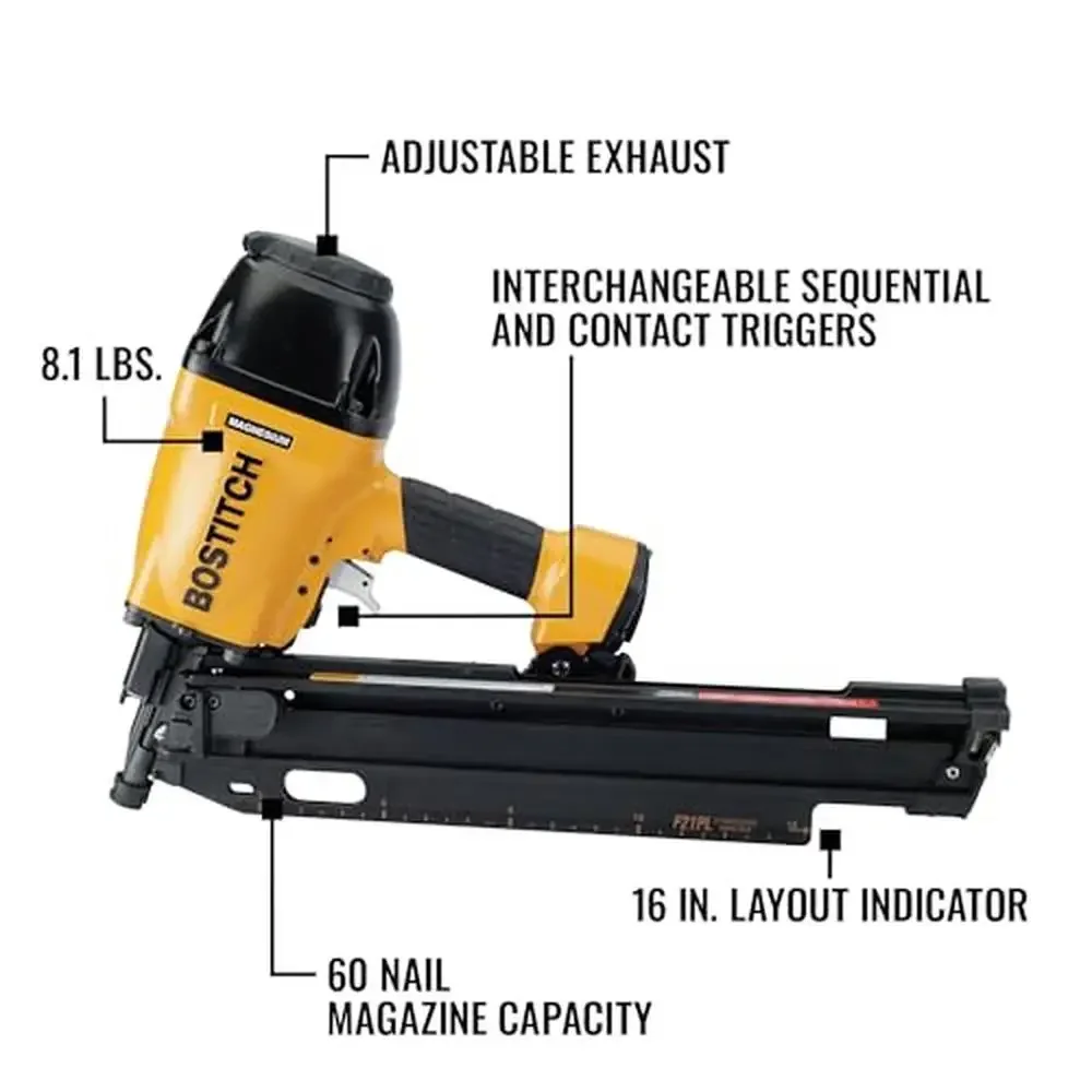 Framing Nailer Round Head 1.5-3.5-Inch Pneumatic Lightweight Magnesium Durable Gun w/ Adjustable Depth Guide & Rafter Hook Nail