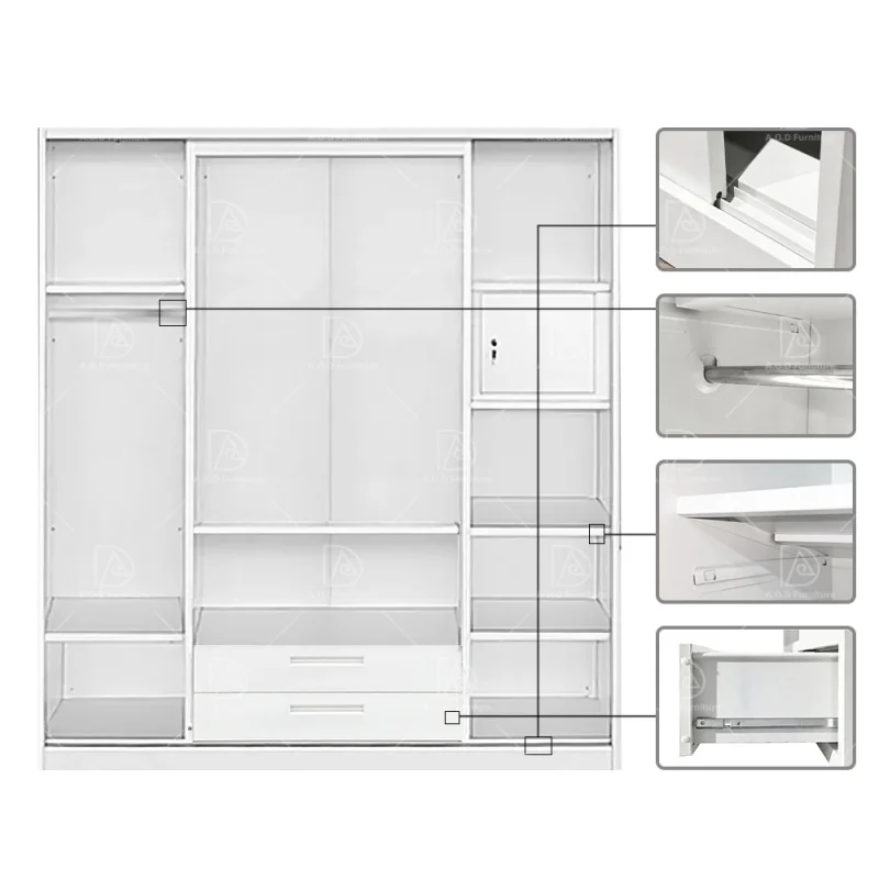 custom.Home Bedroom Iron Metal Wardrobe with 4-Door Sliding Printing Pattern Steel Almirah Lockable Easy Assembly Clothes S