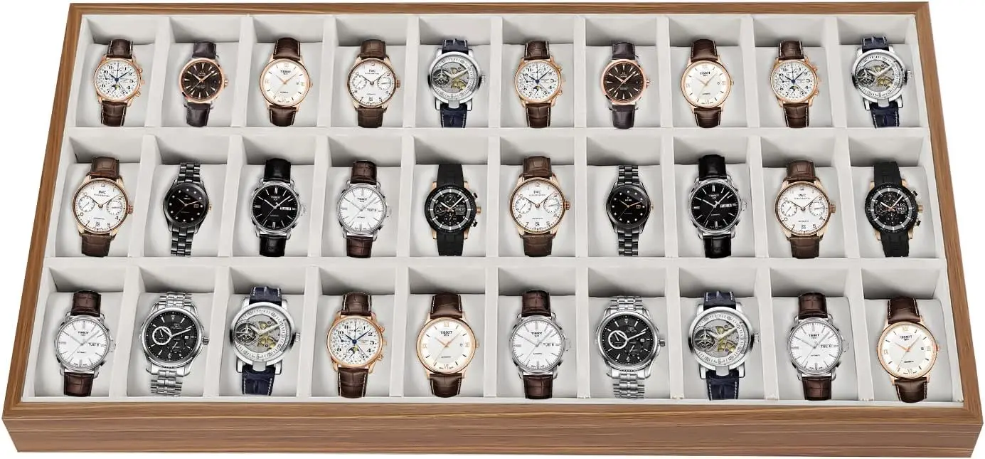 

30 Grid Watch Jewelry Tray Organizer, Wooden Box with Removable Pillows for Watch Bracelet Storage and Display, Velvet Lined