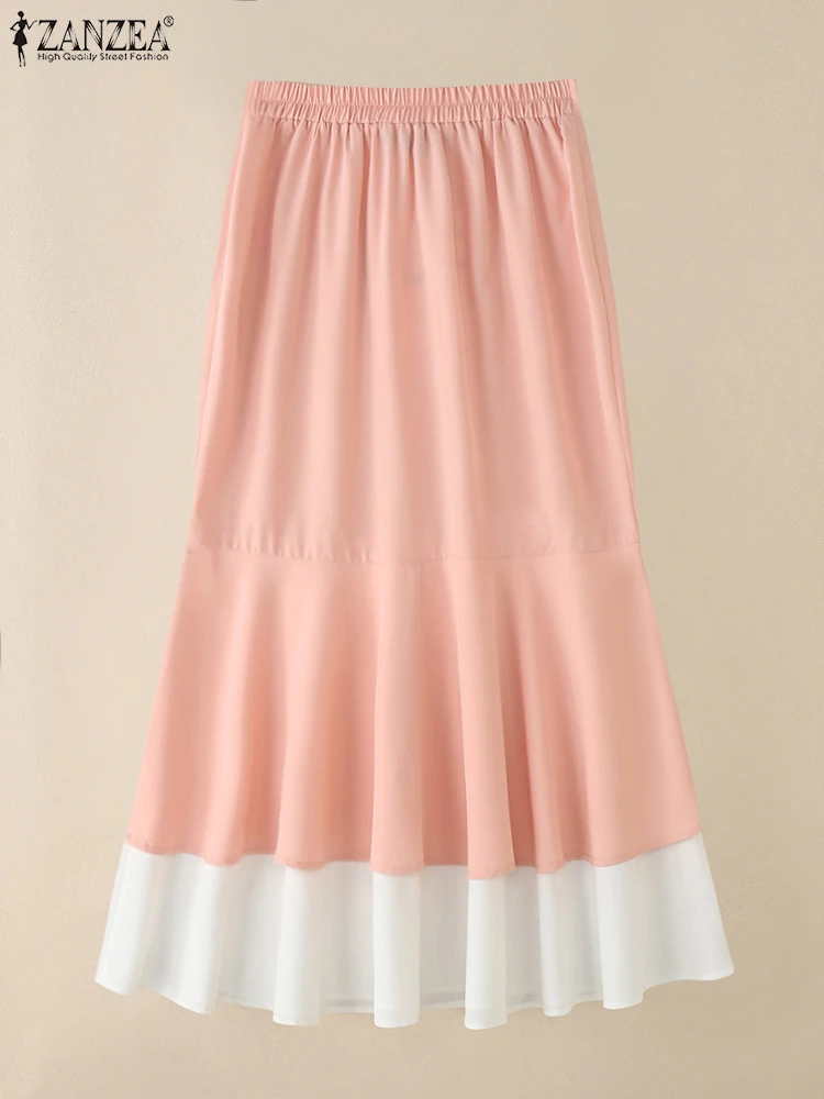 ZANZEA Herbst Hohe Taille A-line Midi Rock Elegante Frauen OL Arbeit Röcke Rüschen Saum Sommerkleid Stilvolle Patchwork Party Faldas Saia