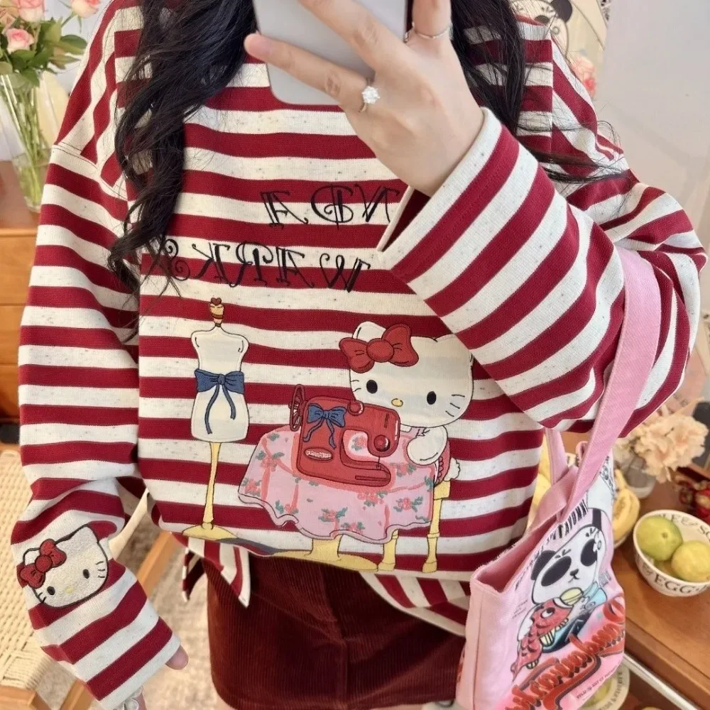 Miniso Hello Kitty T-shirt Cute Stripe Printed Cotton Long Sleeve Cartoon Spring Autumn New Loose Round Neck Dopamine Top