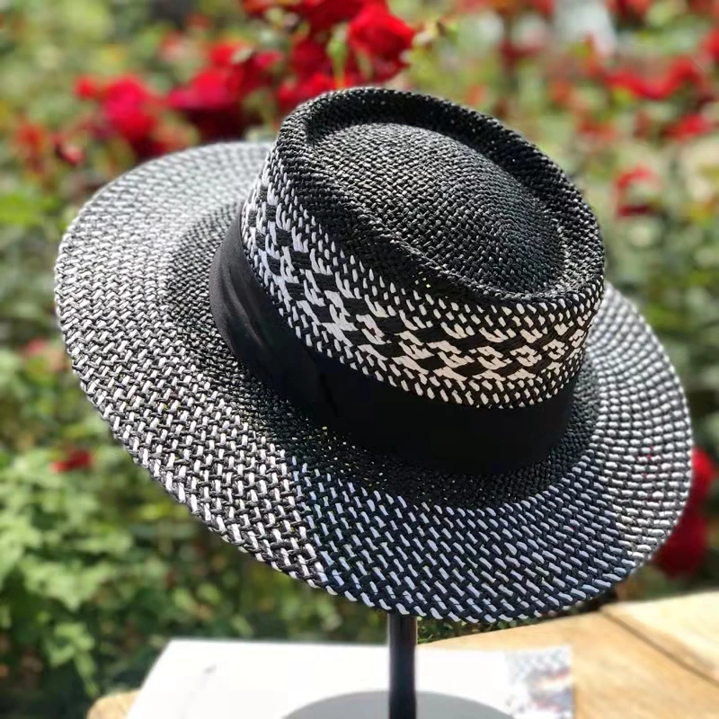 bohemian flat brim hat hand woven straw hat ladies summer vacation travel sun hat