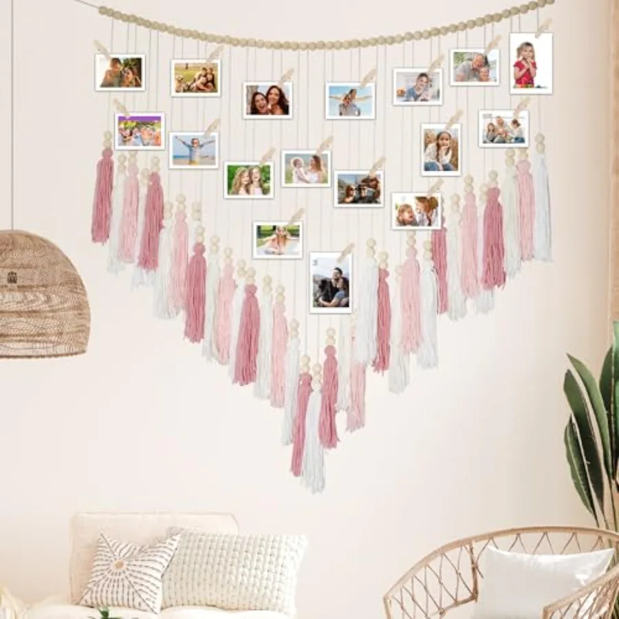

Макраме-гирлянда для фотографий, настенный декор, держатель для фото в стиле бохо, для комнаты, спальни, с деревянными бусинами