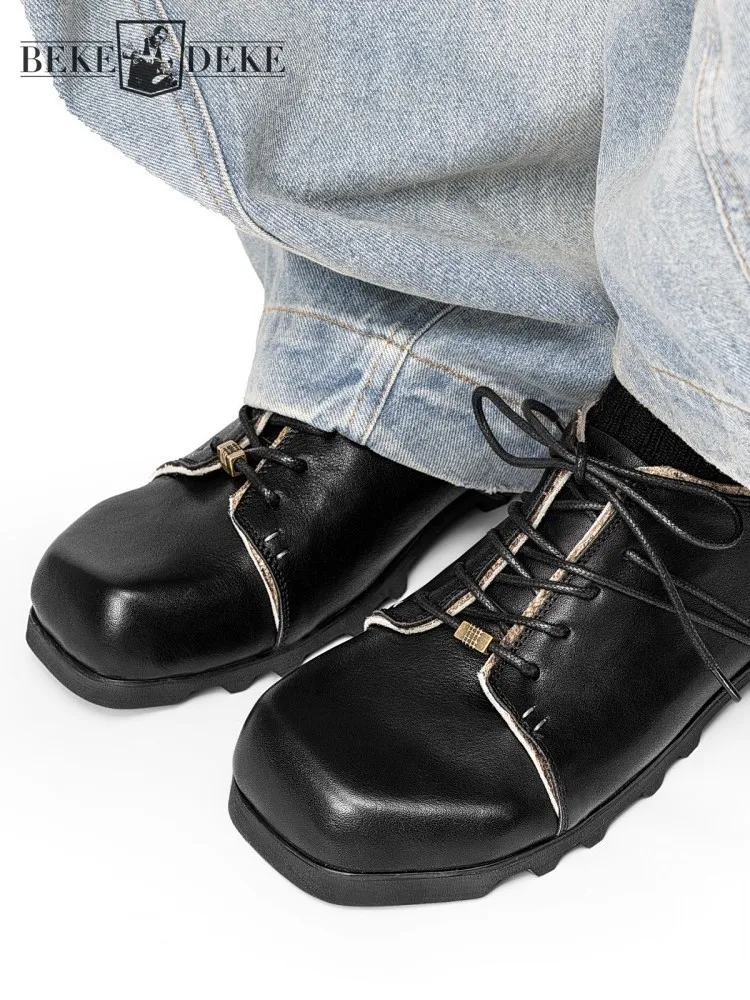 Oxford Shoes New Leisure Men Lace Up Genuine Leather Color Block Comfortable Retro Mens Casual Shoes Square Toe Daily Handmade