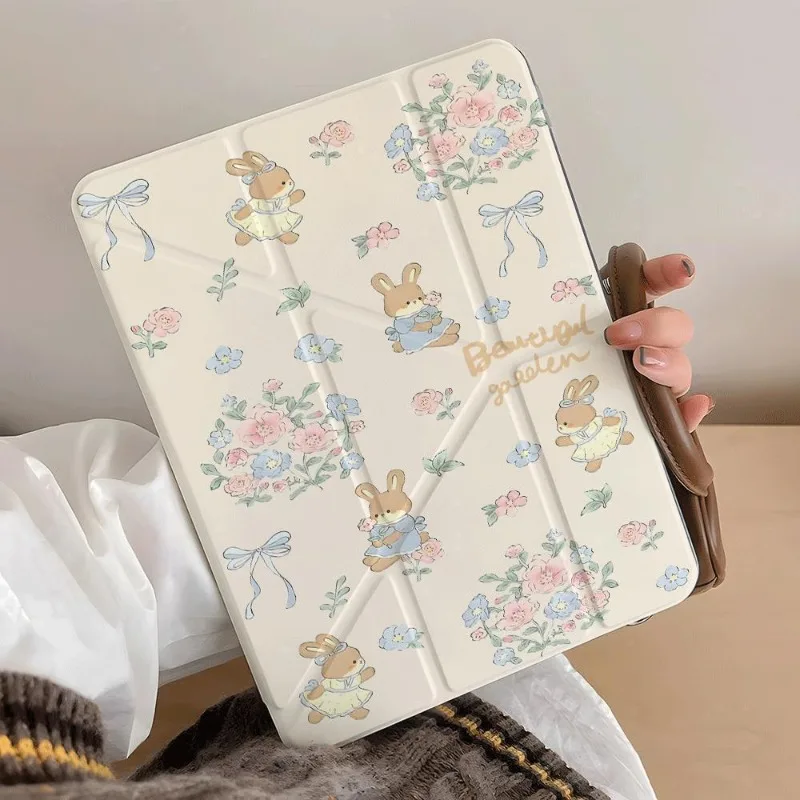 Floral Rabbit 3+Y Folded Case for Xiaomi Pad 5/5Pro 6/6Pro 11 Inch Xiaomi Pad 7/7Pro 8/8Pro 11.2 Redmi Pad SE 11 Pro 12.1 Inch