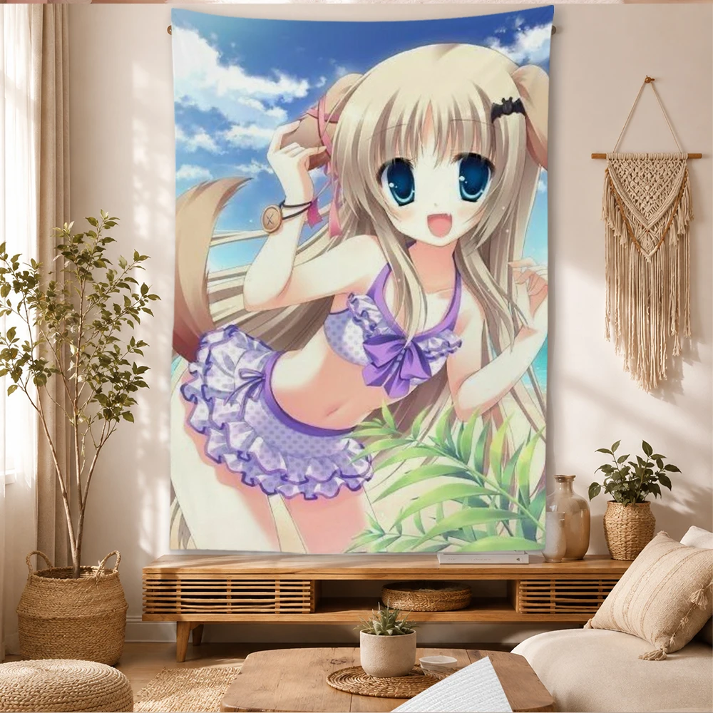 Kawaii Anime Dog Ear Girl Tapestry Wall Hanging Beach Swimsuit Bow Summer Sky Ocean Aesthetic Wall Art Polyester Poster