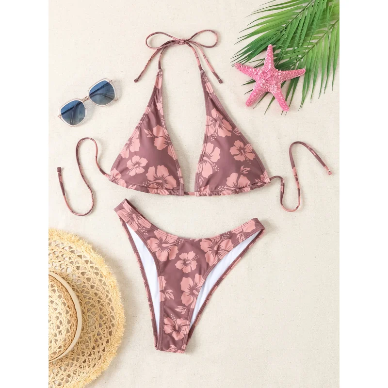 2025New Style Halter Neck Tie Sexy Triangle Bikini Two-Piece SetFlowerPrinted Swimsuitbikini
