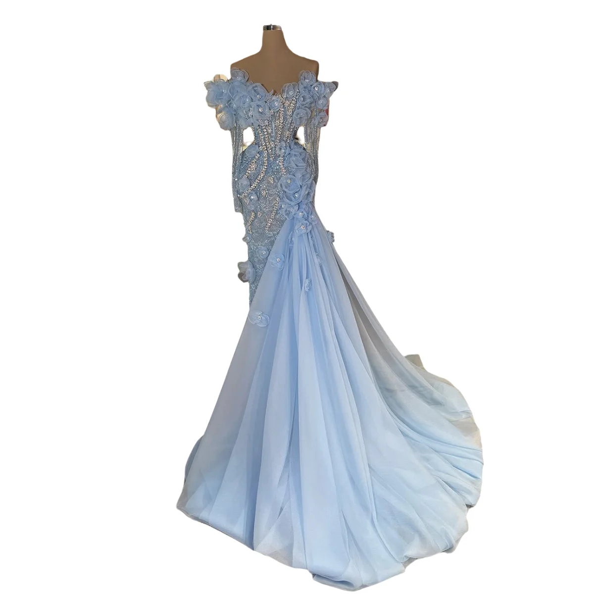 

Flower Evening Gown with One-Shoulder Crystal Long Sleeves Train Light Blue Long Skirt Homecoming Dress Prom Cocktail Dresses