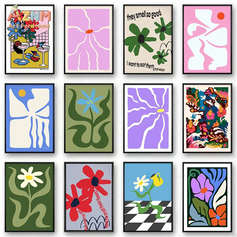 AZNM Retro Abstract Flower Canvas Wall Art Matisse Style Colorful Daisy Botanical Typography Modern Living Room Unframed Canvas
