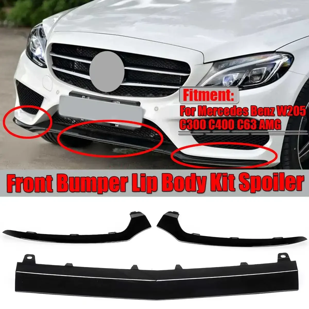 3pcs Car Front Bumper Splitter Lip Diffuser Protector Cover Trim For Mercedes For Benz W205 C300 C400 C63 For AMG 2058851574