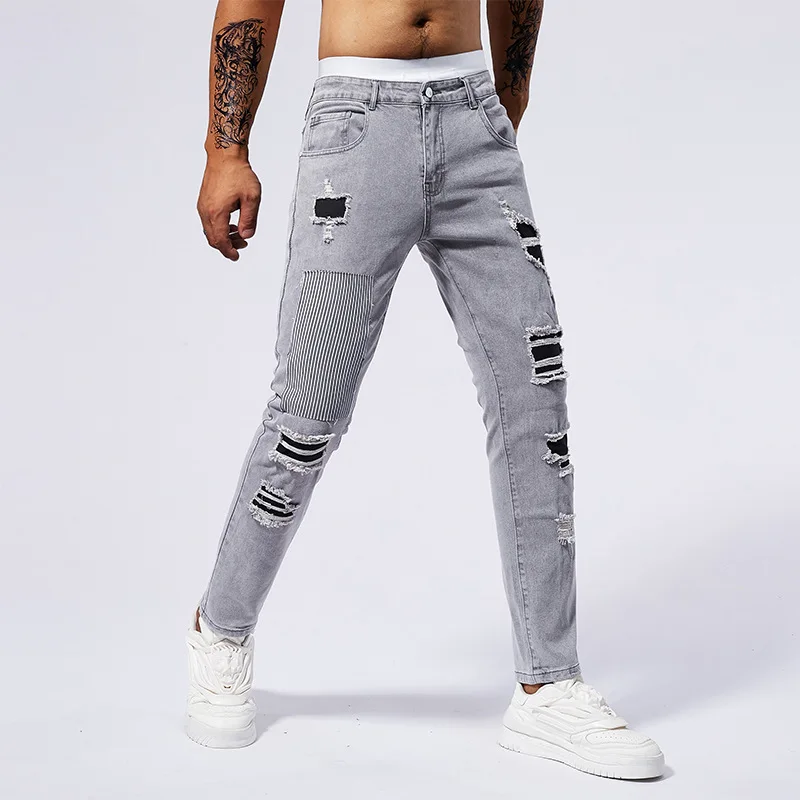 Premium Gray Fashion Blue Jeans, Patch Color Matching Holes, Small Straight Feet, Slim Fit And Micro-elastic Men's Jeans