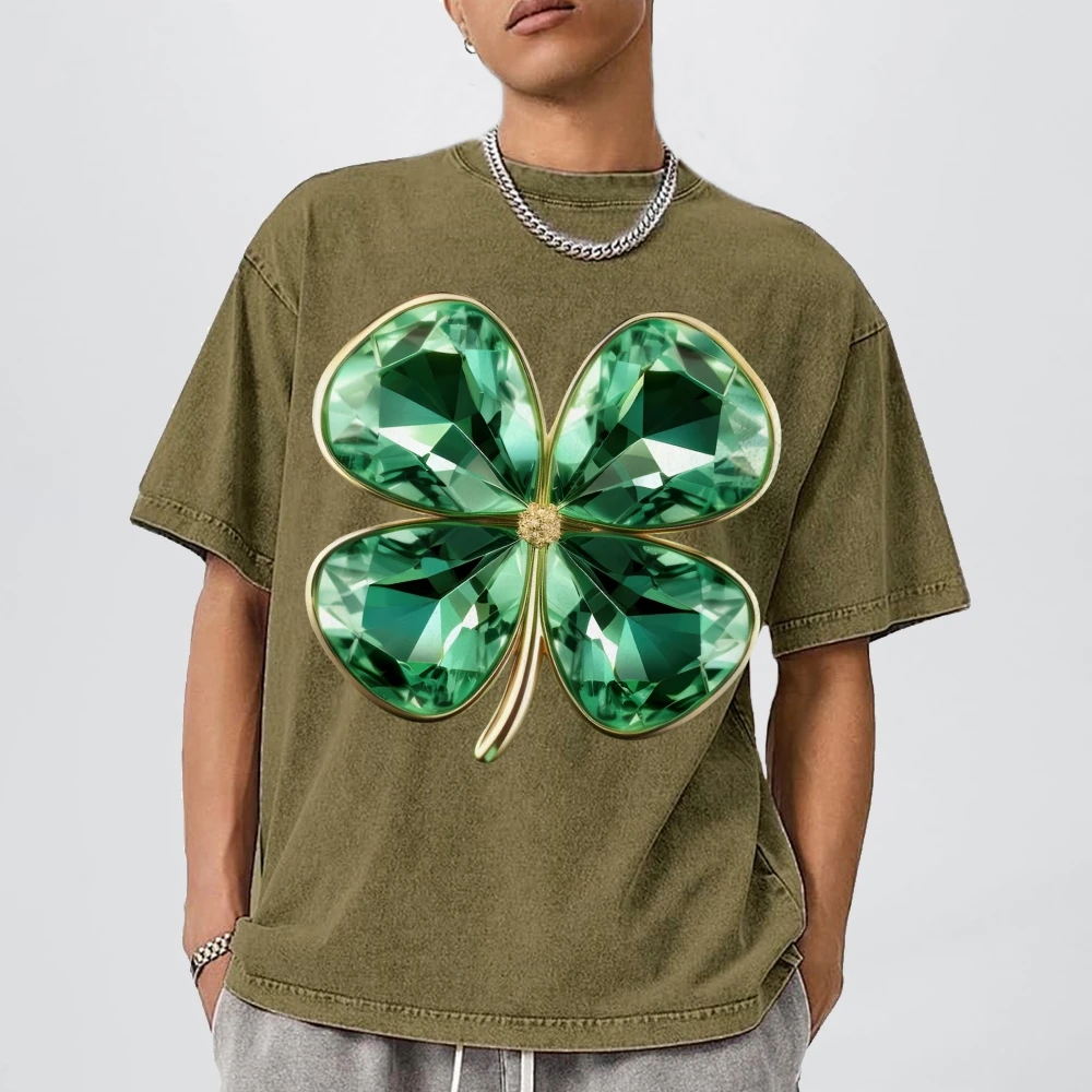 Y2k Graphic T-Shirt Jeweled Clover Print Lucky Sparkling and Eye-Catching Soft Cotton Fabric for Fortune-Themed Casual Looks