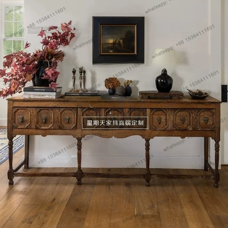 

yj32 Vintage carved log sideboard, old living room, simple decoration, foyer entrance cabinet