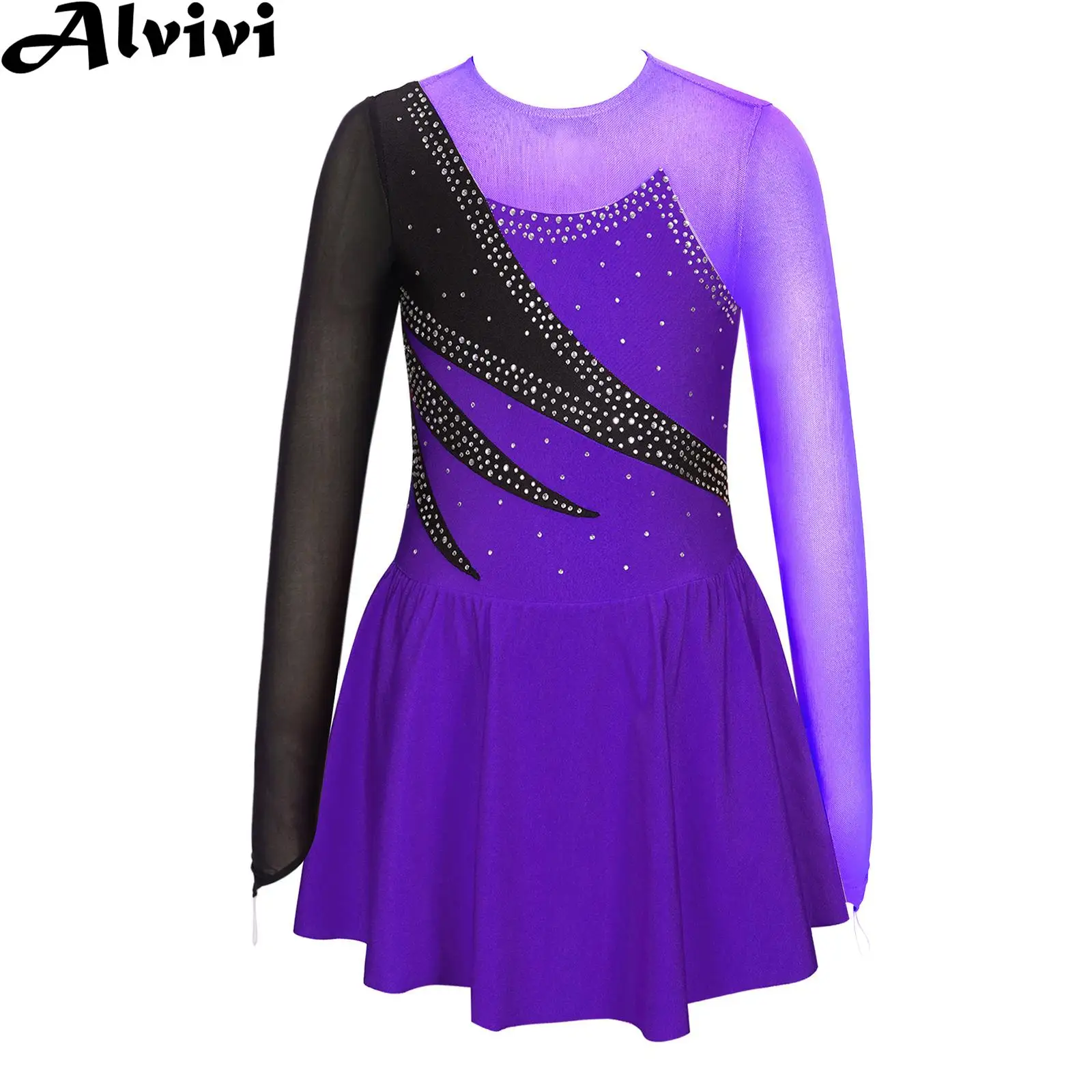 

Kids Girls Figure Skating Dance Dress Ballet Gymnastics Clothes Long Sleeve Shiny Rhinestone Sheer Mesh Leotard Tutu Dancewear