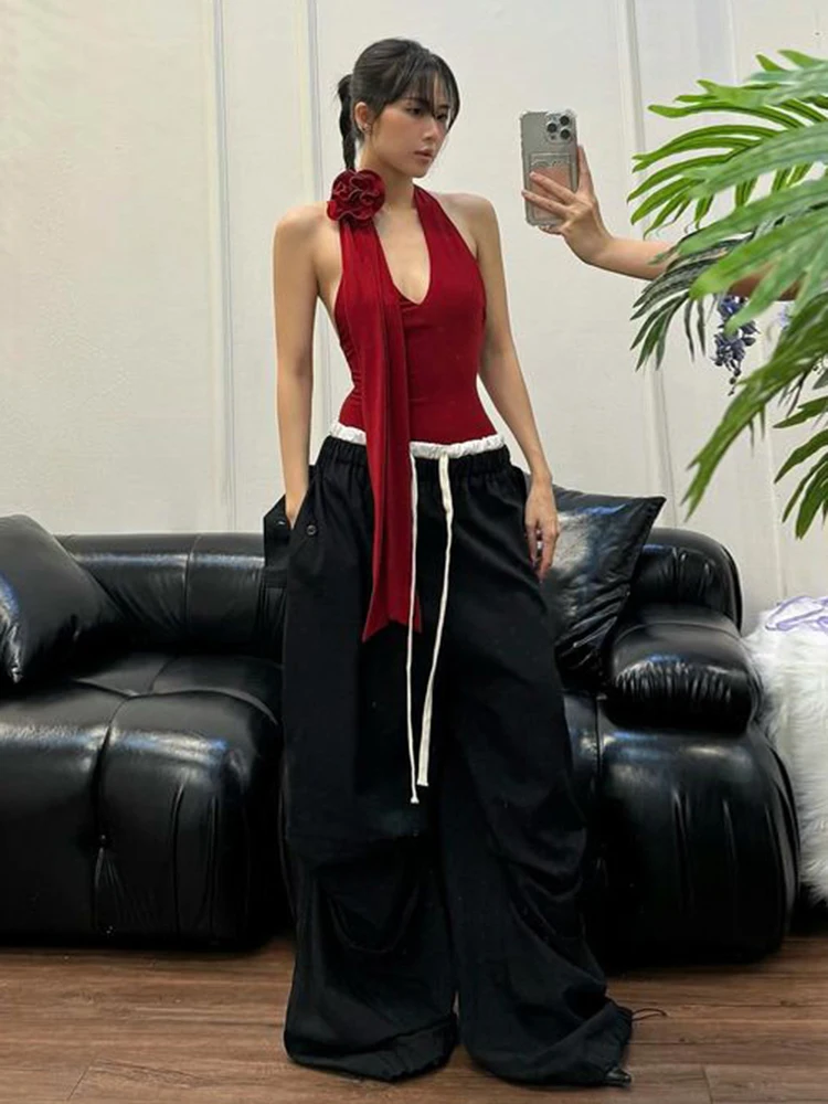 

Sisjuly Street Style Hot Girl V-neck Hanging Neck Rose Strap High Waist Wide Leg Pants Casual Set Women Trendy Summer Outfit